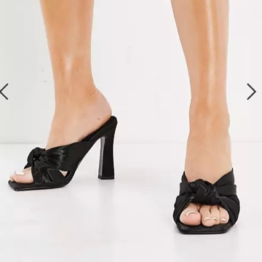 ASOS satin knot black mules slip on heels WIDE